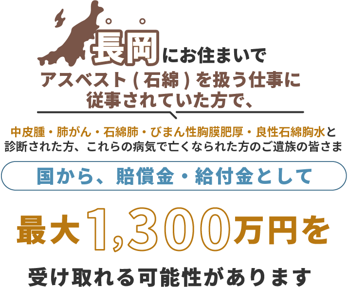 長岡にお住まいで、アスベスト（石綿）を扱う仕事に従事されていた方で中皮腫・肺がん・石綿肺・びまん性胸膜肥厚・良性石綿胸水と診断された方、これらの病気で亡くなられた方のご遺族の皆さま 国から、賠償金・給付金として 最大1,300万円を 受け取れる可能性があります